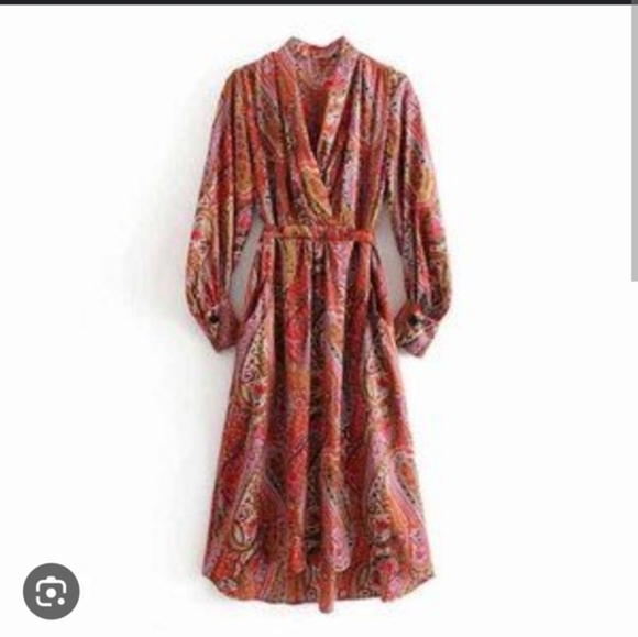 PAISLEY Faux Wrap long sleeve Zara dress - red olive cream - Picture 2 of 8